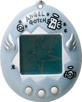 A pastel blue Tamagotchi Angel.